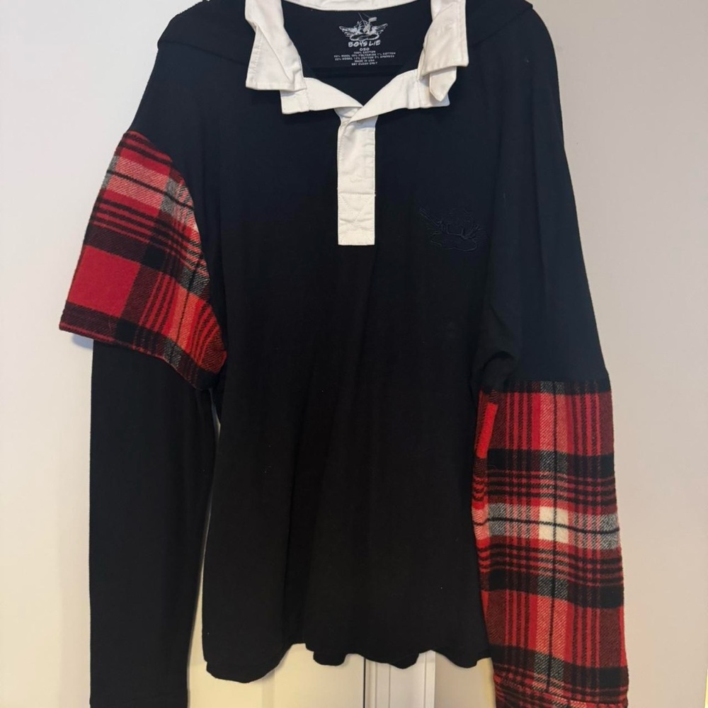 BOYS LIE Black Rugby Shirt with Red Plaid Sleeve Accents
